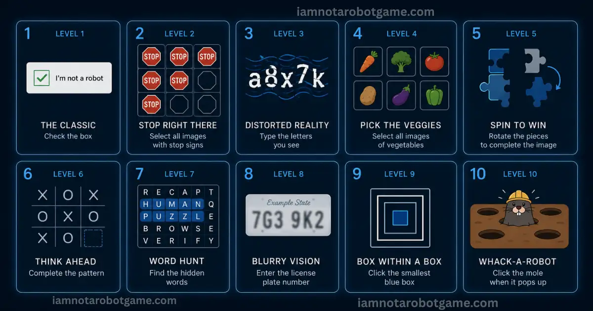 I'm Not a Robot game levels 1 to 10 overview — warm-up challenges