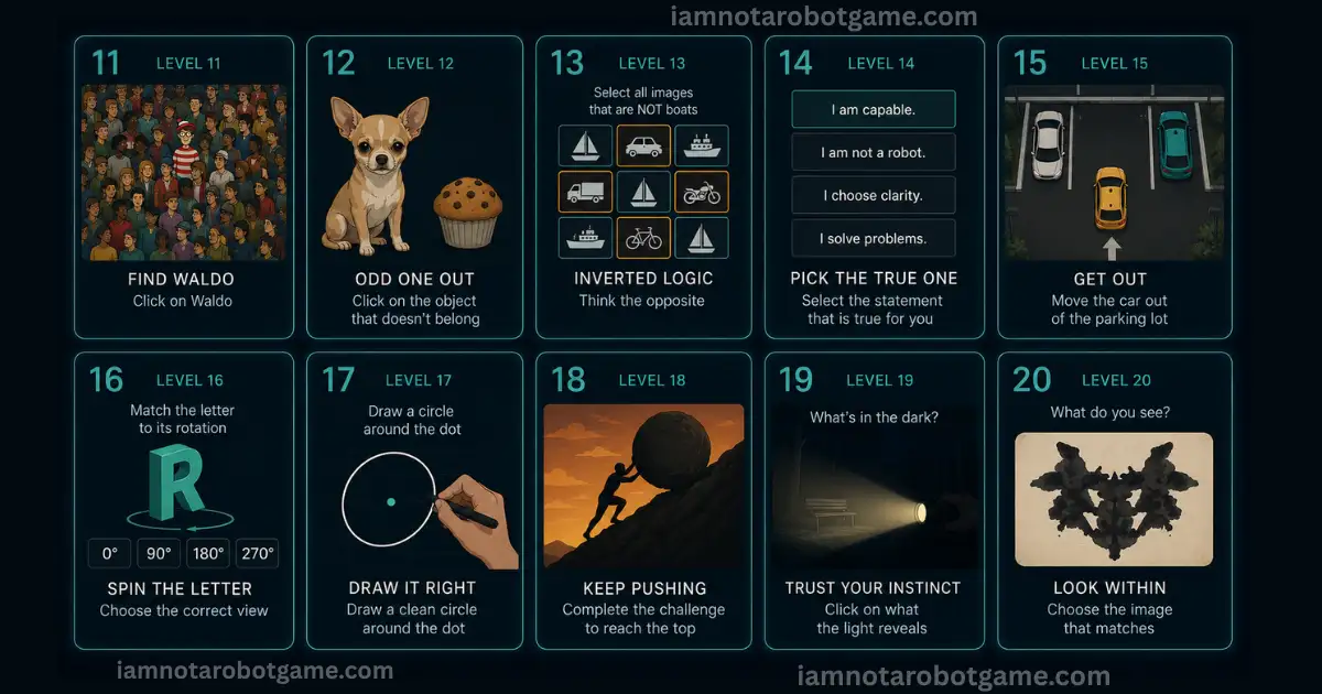 I'm Not a Robot game levels 11 to 20 — mid-game challenges